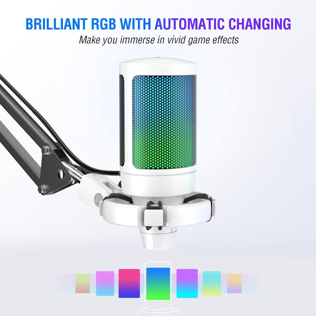 FIFINE Streaming Gaming USB Microphone Kit, PC Condenser RGB Mic Compatible with PS4/PS5, Plug and Play for Music Recording, Online Game, Discord, Twitch, with Pop Filter, Shock Mount-A6T White