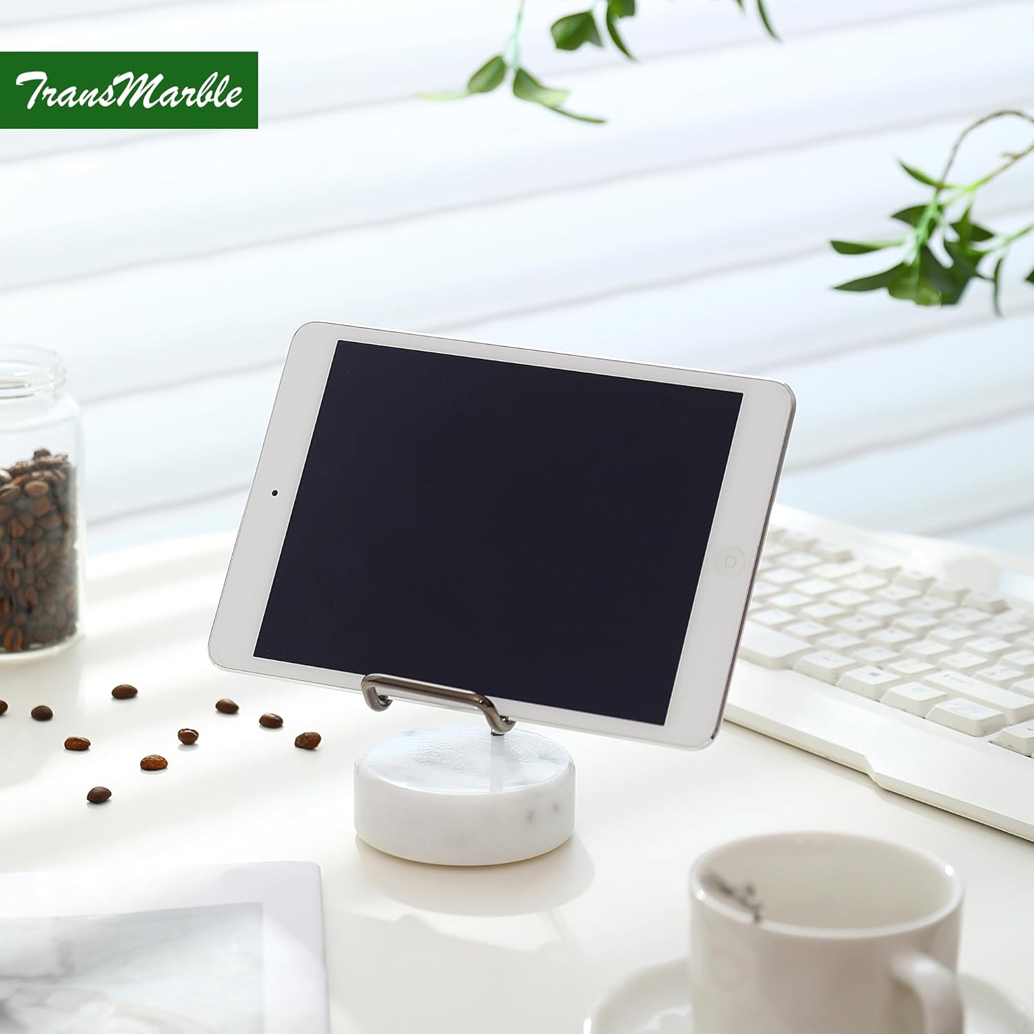 Marble Phone Stand with Metal Holder, Charging Available While Using, Swipe Up to Unlock, Made of Natural Marble as Business Card Holder for Office Desk (Starry White + Black)