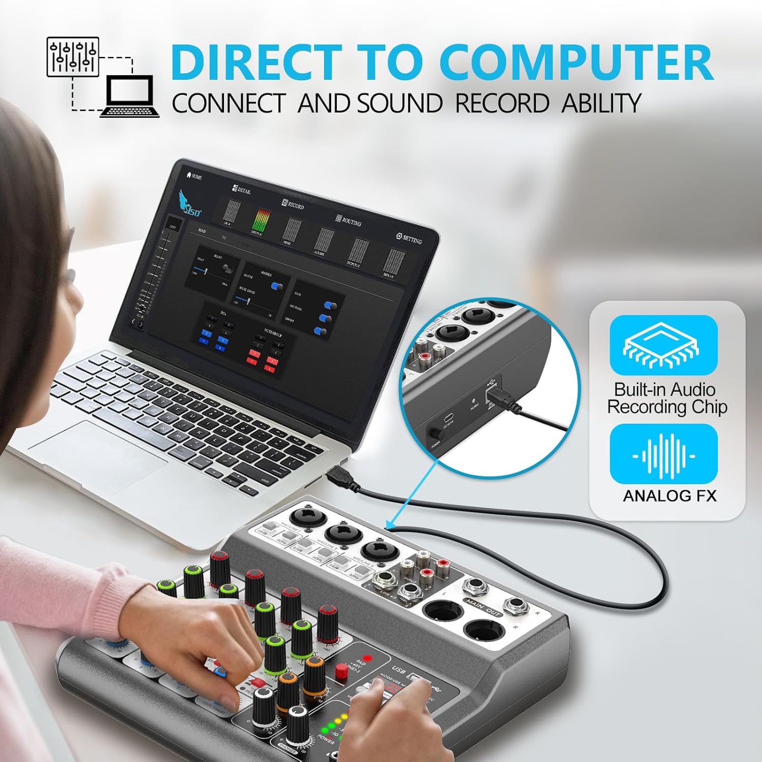 Aveek Professional Audio Mixer, Sound Board Mixing Console with 5 Channel Digital USB Bluetooth Echo Delay Effect, Input 48V Phantom Power Stereo DJ Mixers for Recording, Live Streaming, Podcasting