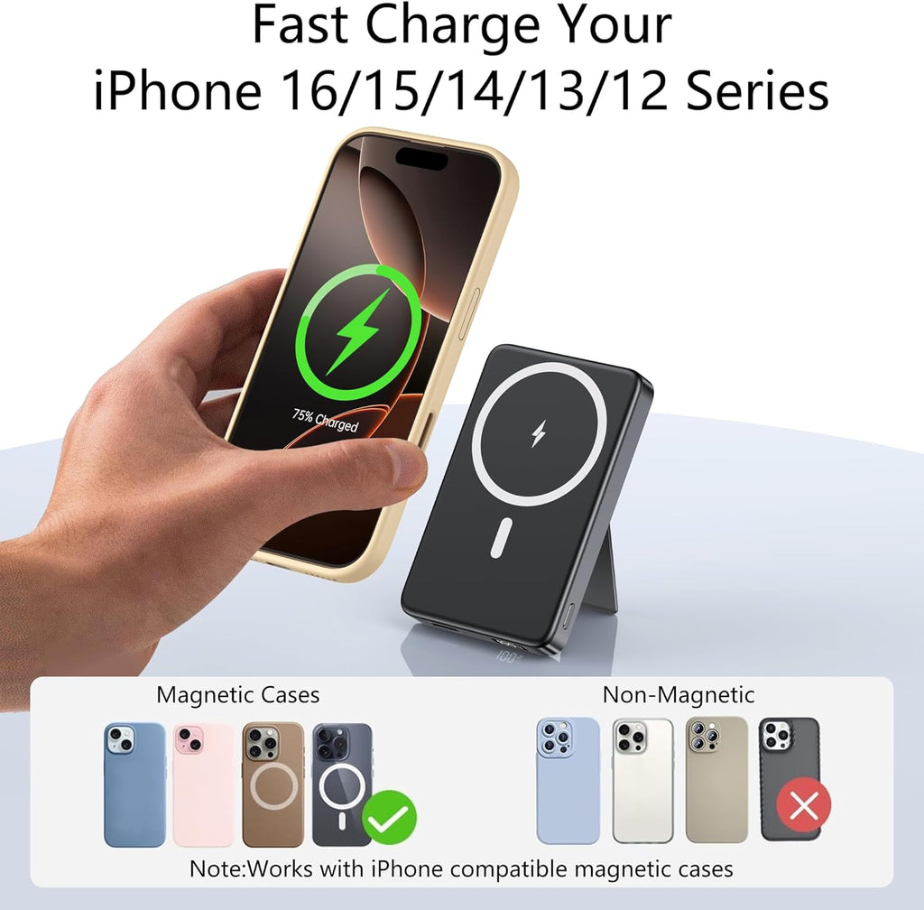 YUJE for Magsafe Battery Pack Magnetic Power Bank 10000mAh, Wireless Portable Charger with Foldable Stand Dual USB-C & USB-A Port Fast Charging Compatible with iPhone 16/15/14/13/12 Pro/Max/Plus
