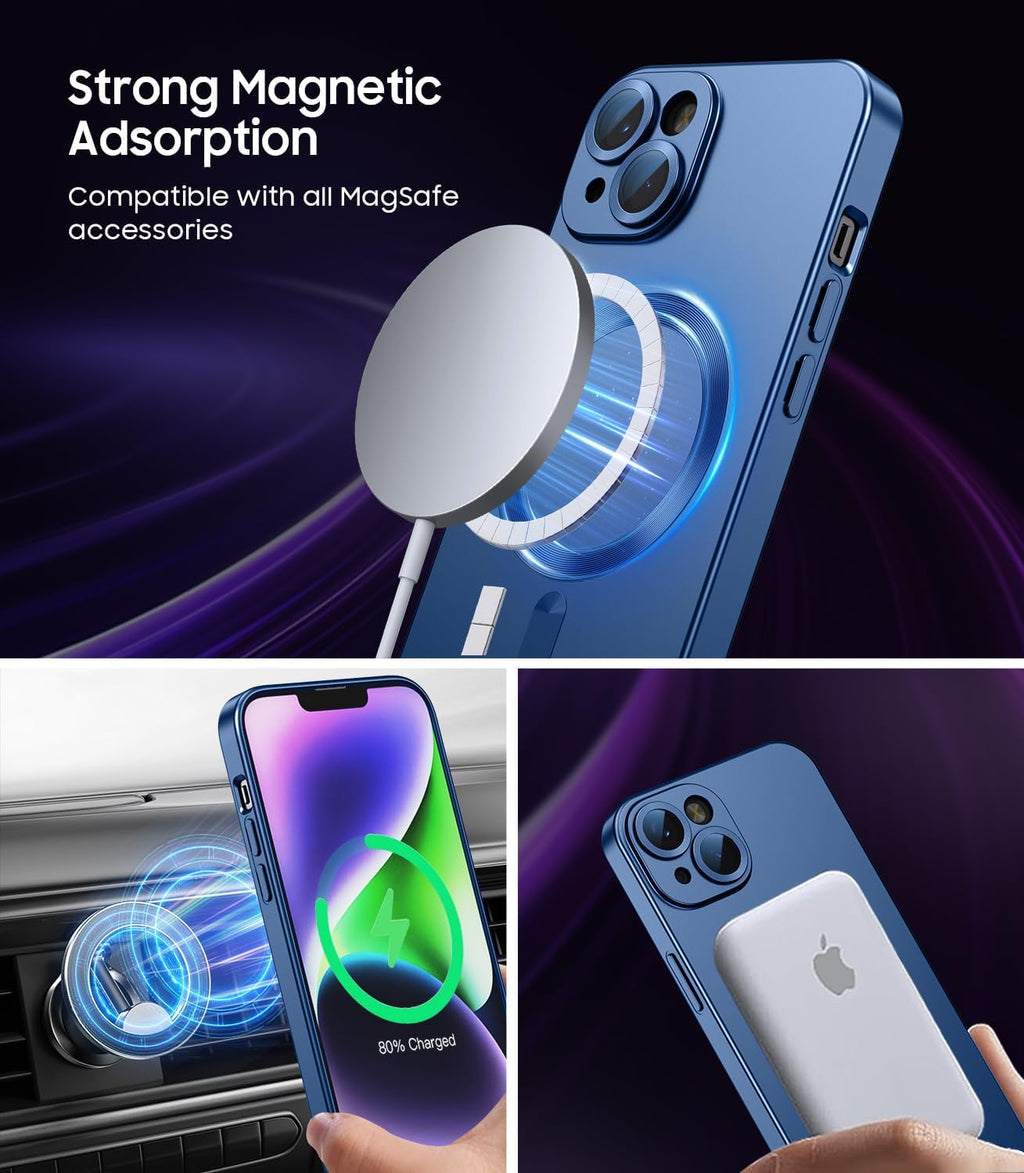Magnetic for iPhone 14 Plus Case [Compatible with MagSafe][Built-in Camera Lens Protector] Slim Soft Silicone Bumper Shockproof Metallic Luster Phone Case (Blue)
