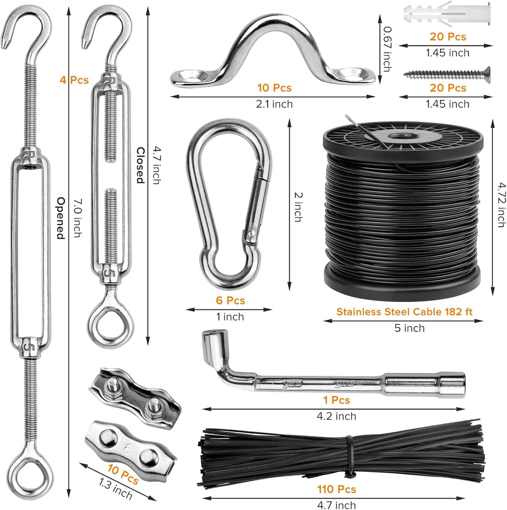 Belio String Light Hanging Kit, Stainless Steel Cable for Outdoor Lights, 182 FT Wire Rope Cable Turnbuckle and Hooks, Globe String Light Suspension Kit