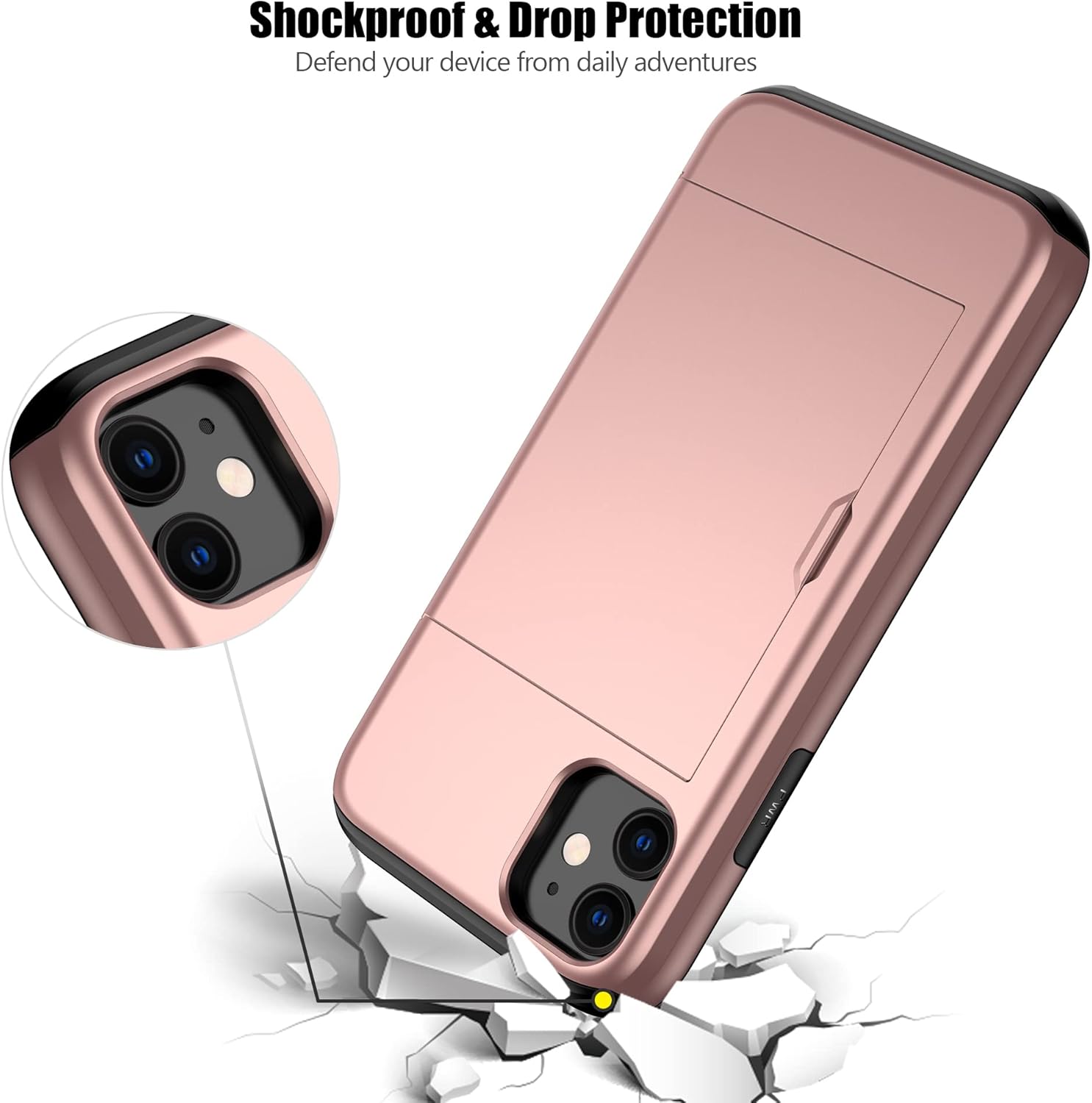 Nvollnoe for iPhone 11 Case with Card Holder Heavy Duty Protective Dual Layer Shockproof Hidden Card Slot Slim Wallet Case for iPhone 11 for Men&Women(Rose Gold)