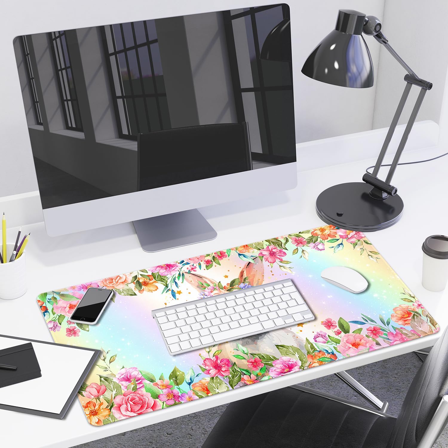 Lokigo Cute Rabbit Desk Pad, Gaming Mouse Pad 31.5"x15.7", Waterproof Big Mouse Pad for Desk Rubber Base Desk Matt with Stitched Edges Keyboard Mousepad for Laptop, Game, Work, Study, Bunny