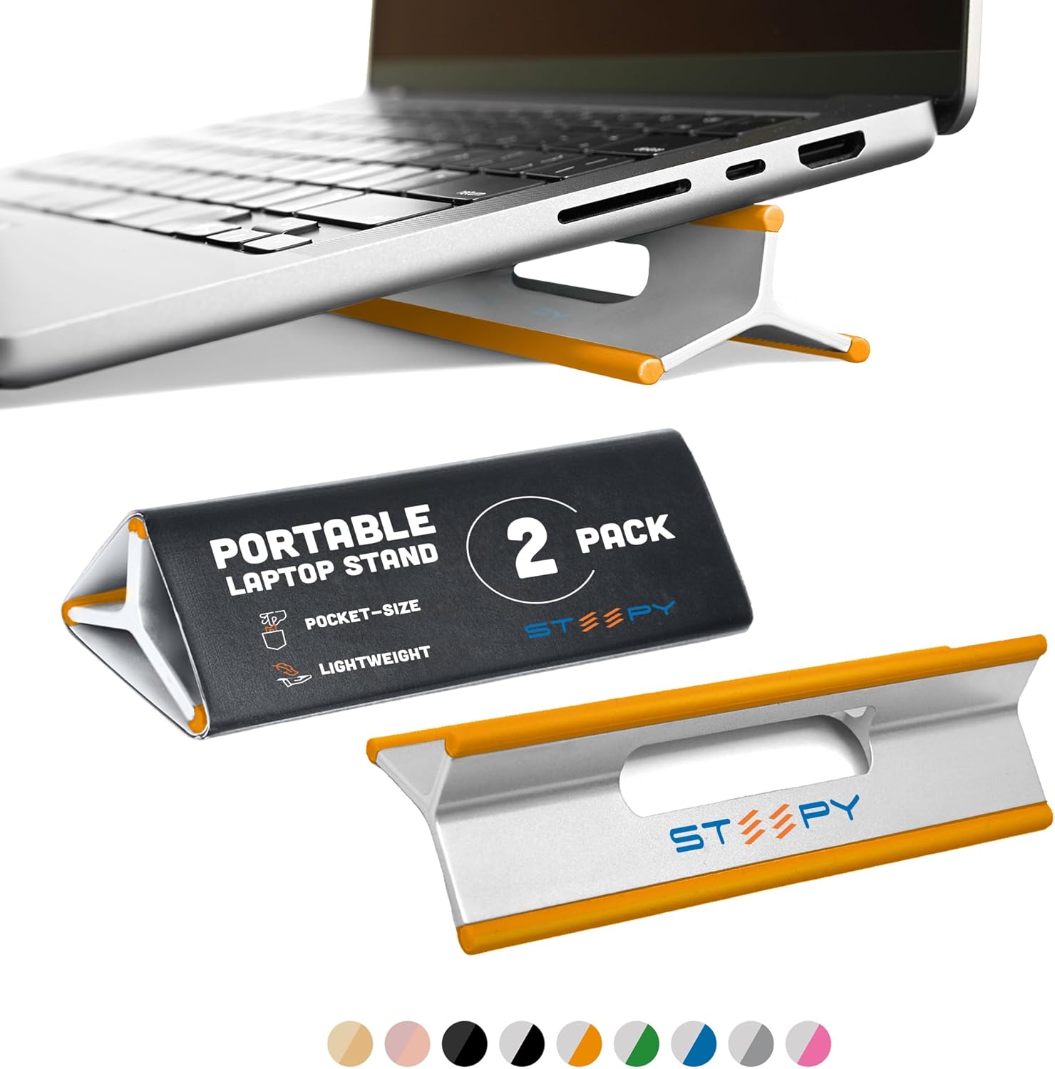 Steepy Low Profile Laptop Stand - Computer Stand with 3 Heights - Plastic Laptop Riser, Lightweight Lift - Orange, 2 Pack