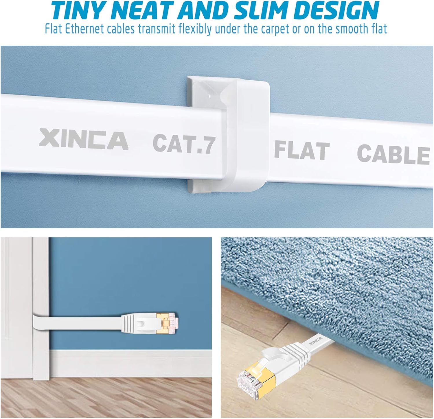 Cat 7 Flat Ethernet Cable 100ft White, High Speed 10GB Shielded (STP) LAN Internet Network Cable Ethernet Patch Computer Cable with Rj45 Connectors and 50pcs Adhesive Cable Clips