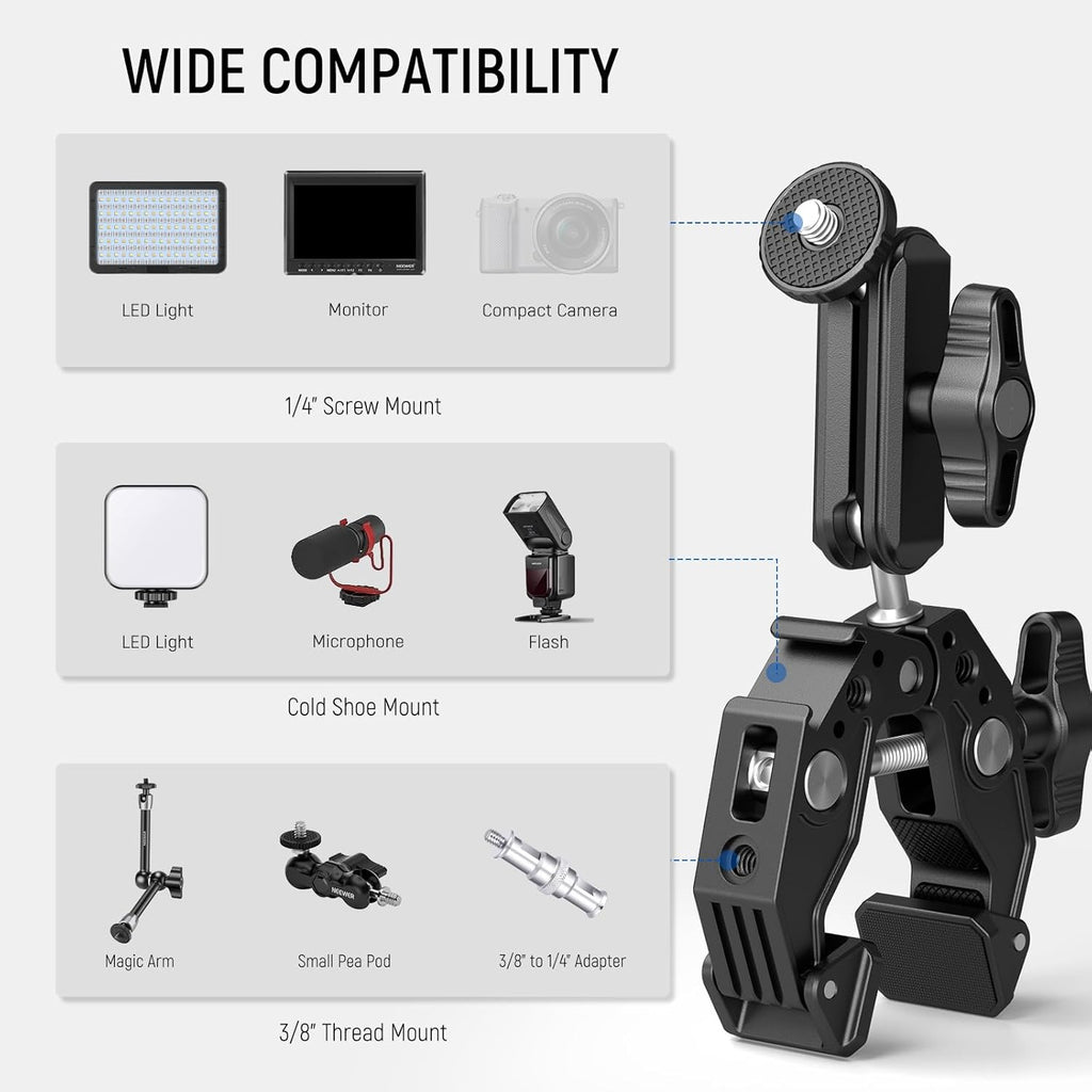 NEEWER Super Clamp Magic Arm Camera Mount with Phone Holder Action Cam Adapter Ball Heads 1/4" Threads Cold Shoe Cleaning Cloth Compatible with SmallRig GoPro for Desk Tripod Crossbar Gimbal Rod, ST83