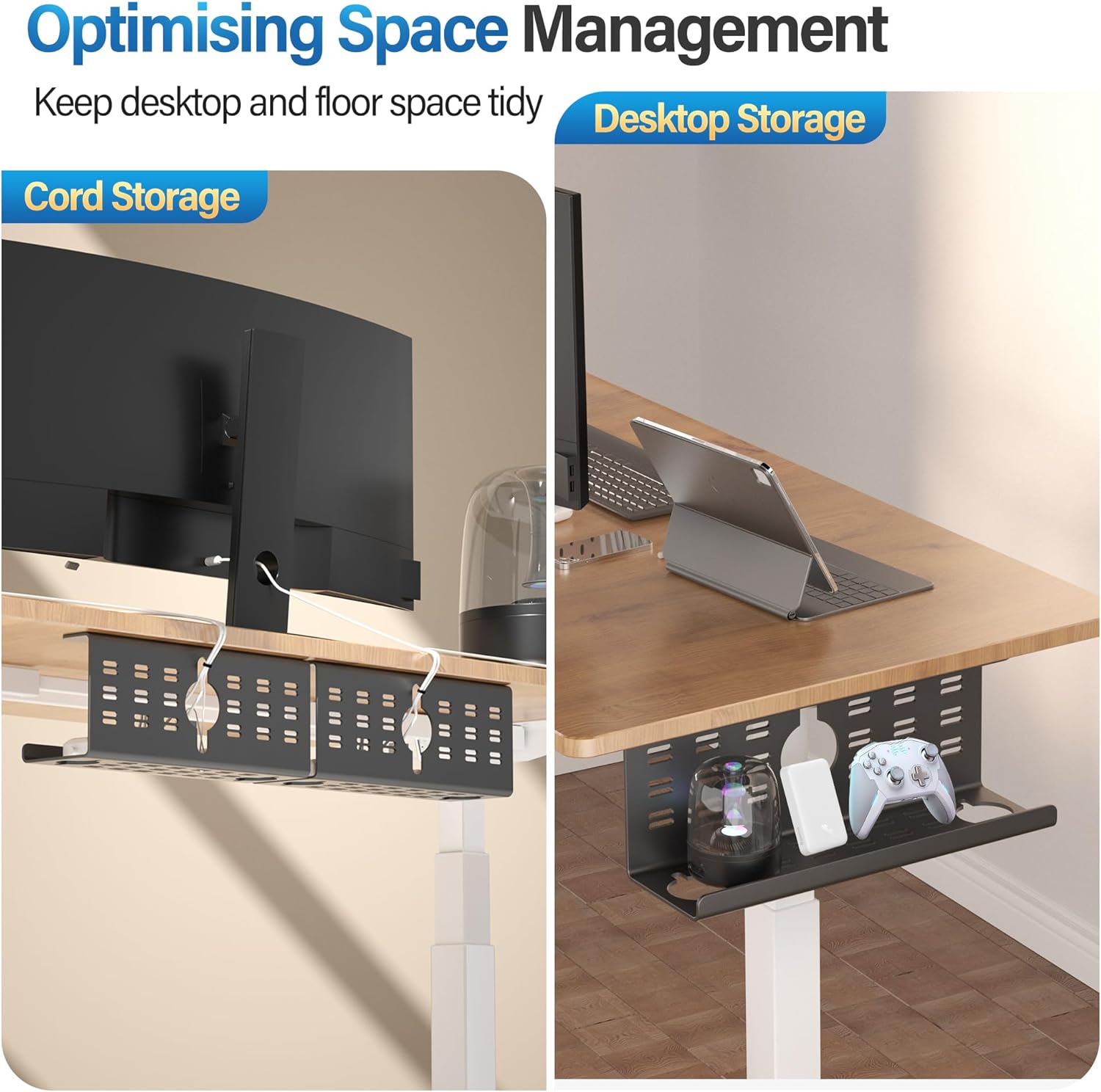 2 Pack Cable Management Under Desk Black, Cinati 32" Large Cable Management Tray, Under Desk Alloy Steel Wire Organizers, Cord Hider Tray for Office and Home - Tape or Screw Installation