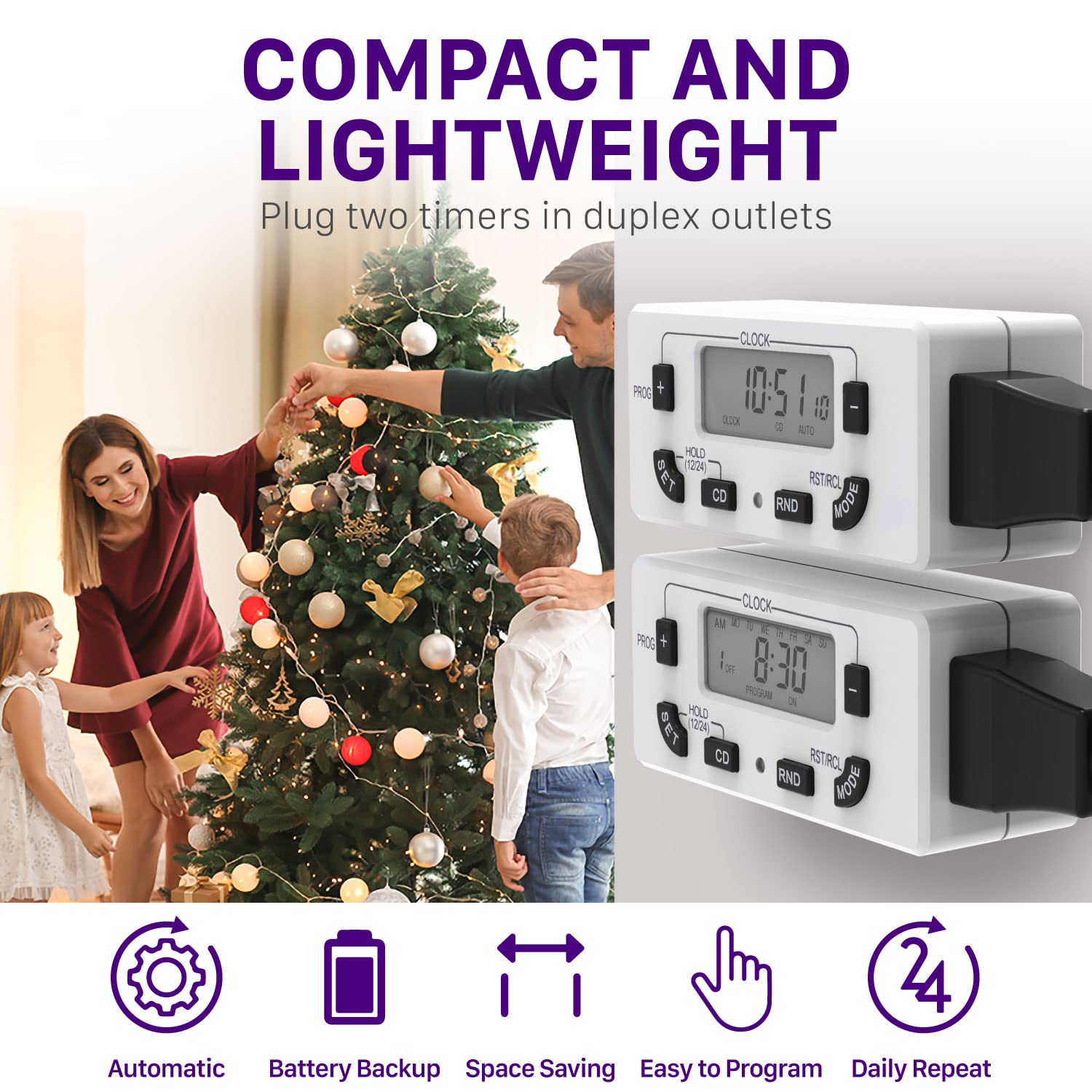 Fosmon 7 Day Digital Timers for Electrical Outlets, Indoor Plug-in Light Timers Switch Programmable, Electric Wall Plug for Grow / Reptile Light, Lamp, Appliance, Aquarium, Fish Tank - 2 Pack