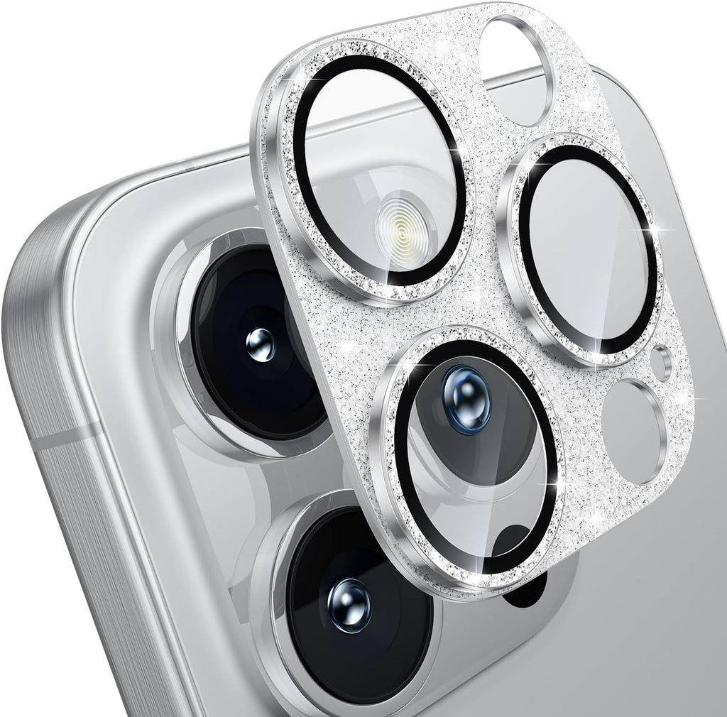 WSKEN for iPhone 16 Pro/iPhone 16 Pro Max Camera Lens Protector, [Military Grade Shatterproof] [Strong Adsorption] Metal Aluminum Alloy Tempered Glass Camera Screen Protector, Glitter