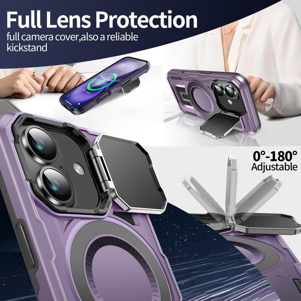 Camera Stand Case for iPhone 16, [Compatible with Mag Safe] [Lens Cover] 2024 Version Military Grade Protective Soft Case for iPhone 16 6.1 inch Men Women, Purple