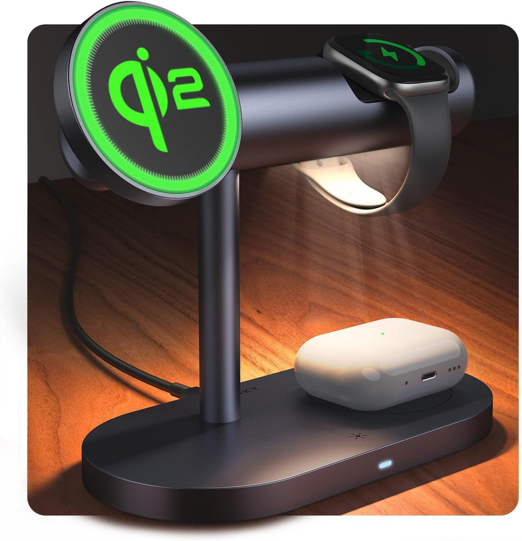 iVANKY 15W Fast Qi2 Certified 4 in 1 Wireless Charger Stand with Nightstand Light for MagSafe Magnetic Charging Station, 25W 3 in 1 Charge for iPhone 17/16/15/14 Plus Pro Max Air,Apple iWatch, Airpods