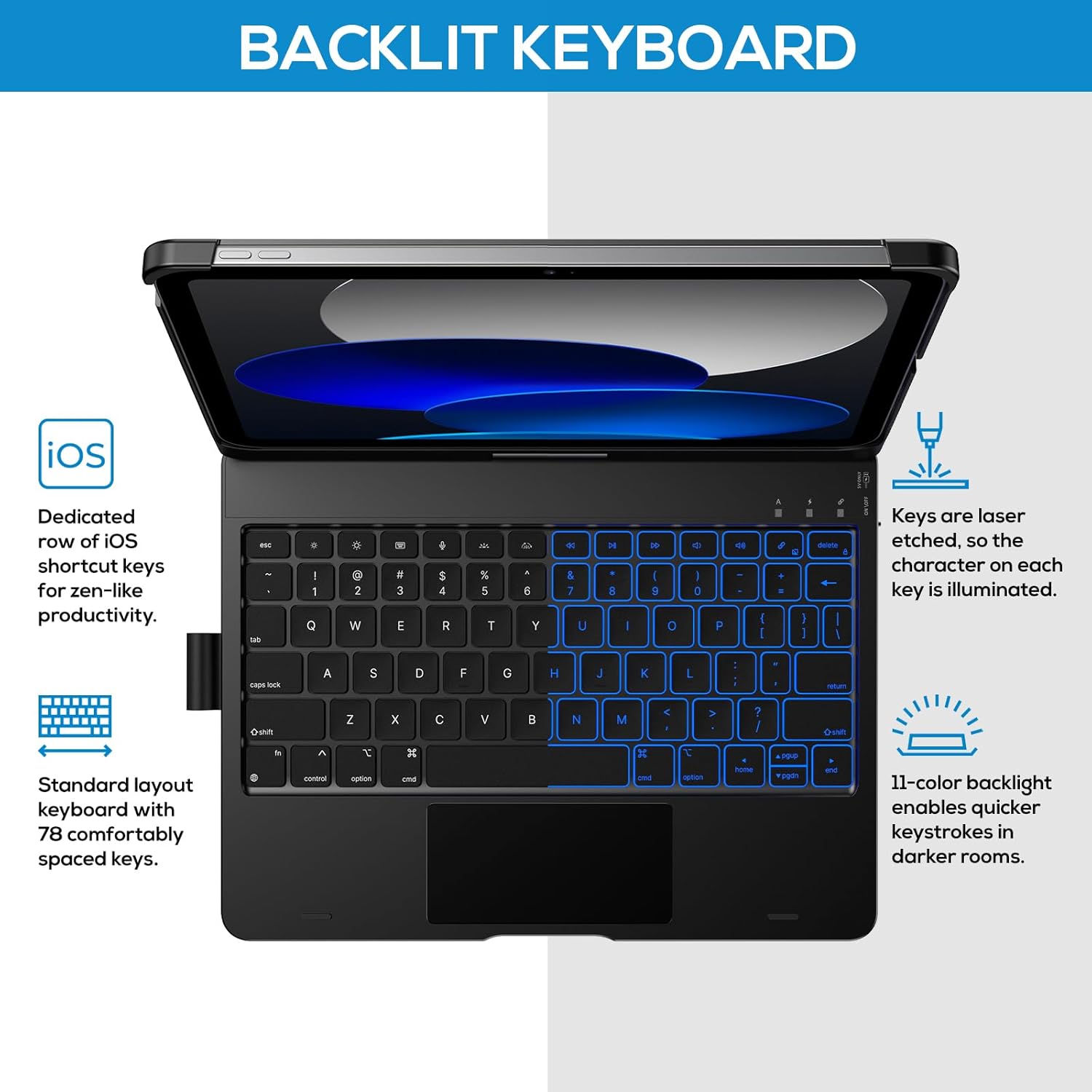 typecase Touch iPad 10th Generation Case with Keyboard (10.9", 2022) and iPad A16 (11th Gen, 2025) – 360° Rotatable, 11-Color Backlit, Multi-Touch Trackpad, Thin & Light (Black)