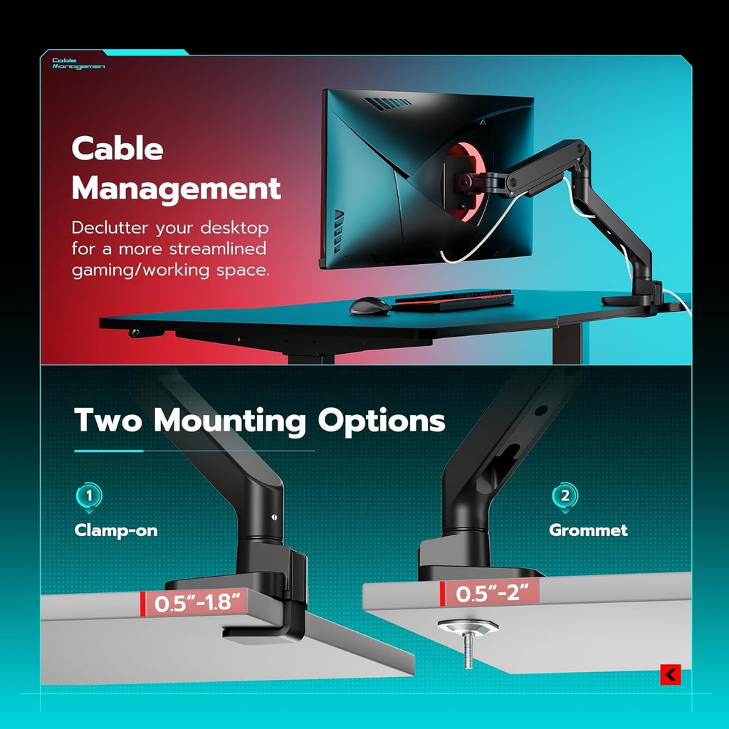 ARES WING Ultrawide Monitor Arm for 17 to 49 Inch Heavy Duty Curved Screen, Holds 44 Lbs, Adjustable Gas Spring Monitor Arm Desk Mount with C Clamp, Grommet Base, 75/100 Vesa Mount, Black
