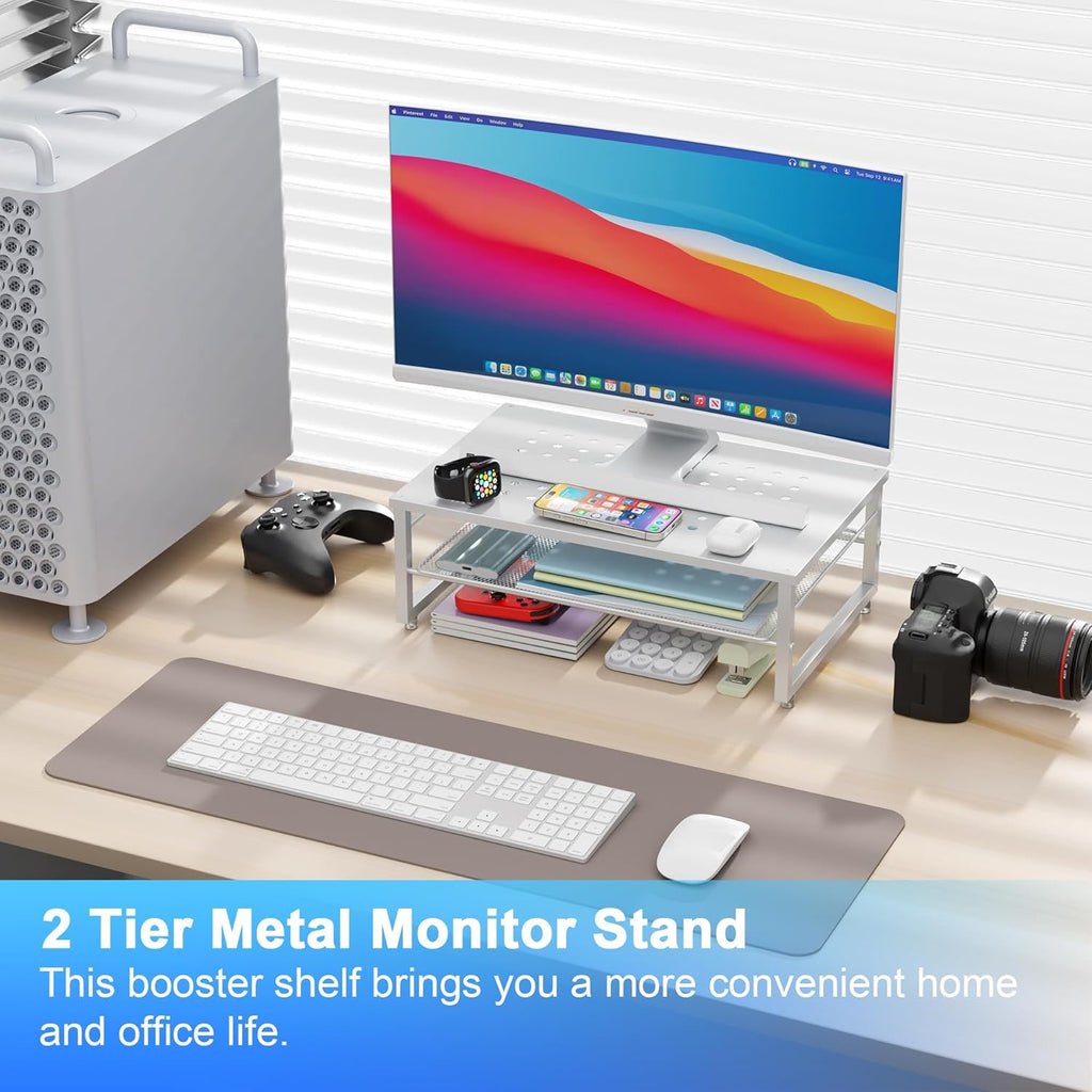 gianotter 2-Tier Metal Monitor Stand Riser, Desk Accessories & Workspace Desk Organizers, Office Desk Storage Organizer for Office Supplies (White)