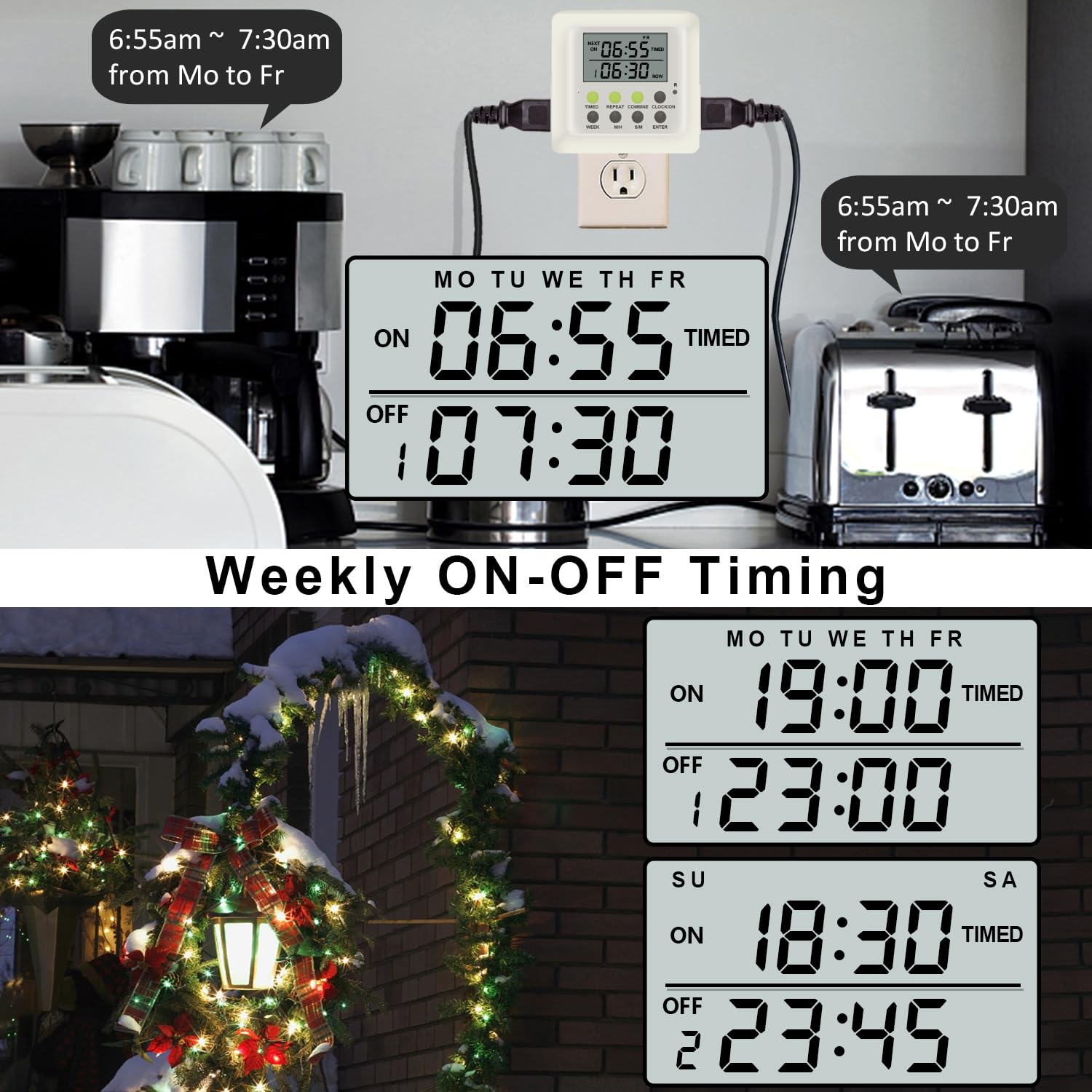 3-in-1 Dual Outlet Timer Plug with Interval Cycle for Indoor, 7 Day 24 Hour Programmable Digital Repeat Timer Switch(15A, 1875W)