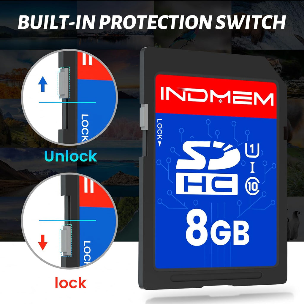 INDMEM SD Card 8GB, 10-Pack UHS-I Class 10 MLC Flash Memory Card, High-Speed Secure Digital Cards for Cameras, DSLR, Action Cams - Reliable Storage
