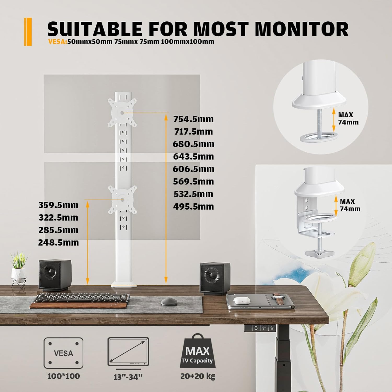 Hemudu Dual Monitor Articulating Desk Mount Arm Stand - Vertical Stack Screen Supports Two 13 to 34 Inch Computer Monitors with C Clamp White