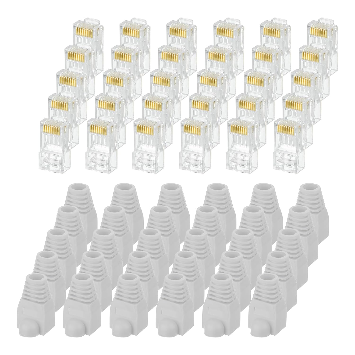 MECCANIXITY 30pcs Cat6 RJ45 Pass Through Connectors, RJ45 Connector 8P8C Gold Plated Plugs with 30pcs Light Grey Strain Relief Boots for Solid or Stranded UTP Ethernet Cable, 1.1mm
