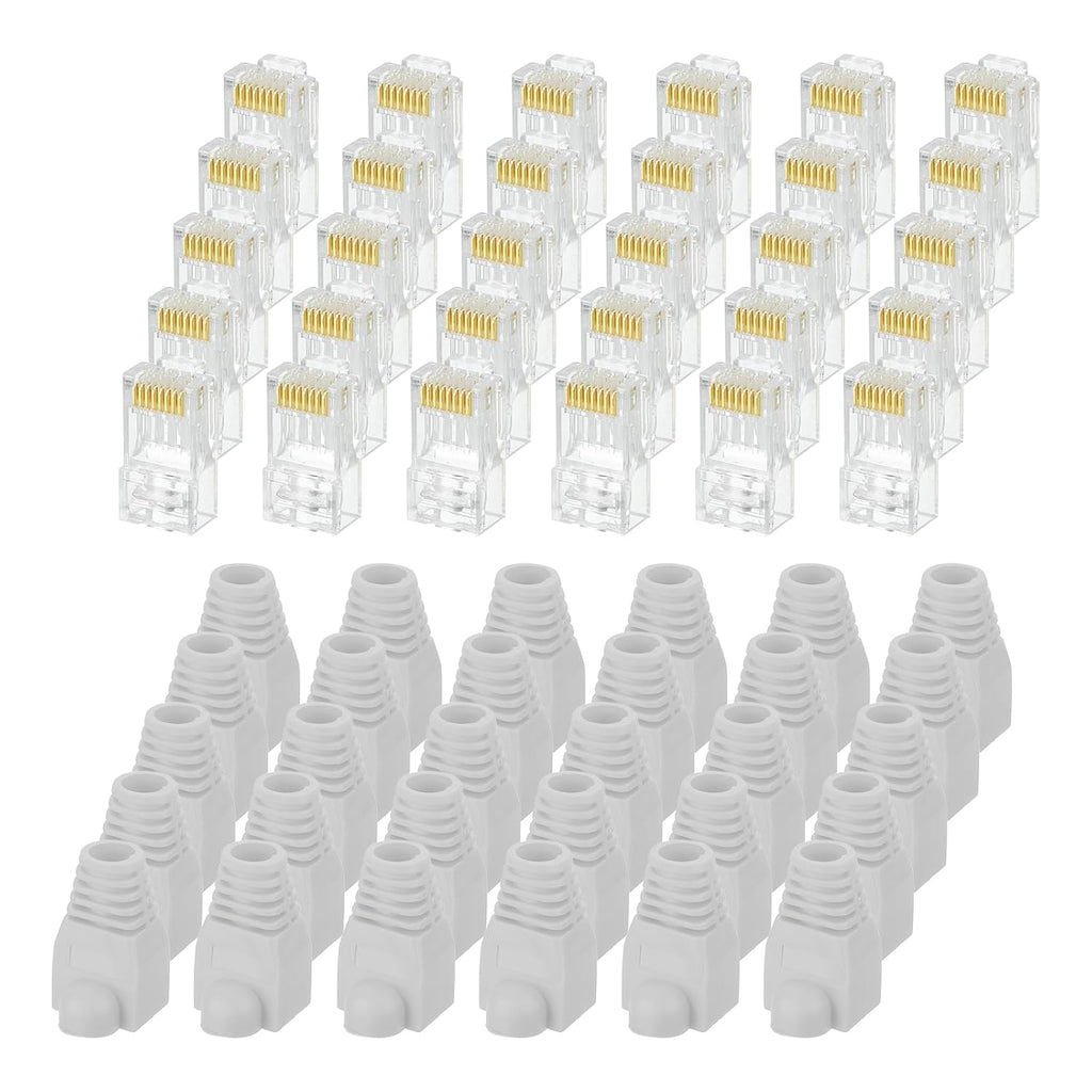 MECCANIXITY 100pcs Cat6 RJ45 Pass Through Connectors, RJ45 Connector 8P8C Gold Plated Plugs with 100pcs Light Grey Strain Relief Boots for Solid or Stranded UTP Ethernet Cable, 1.1mm