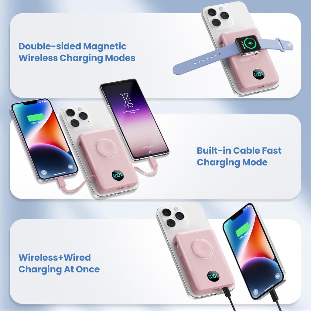 Magnetic Portable Charger for iPhone with Built-in Cables, 6-in-1 10800mAh Power Bank with iWatch Charger & LCD Display,25W Fast Charging Battery Pack for iPhone 16/15/14/13/12,Apple Watch (Pink)