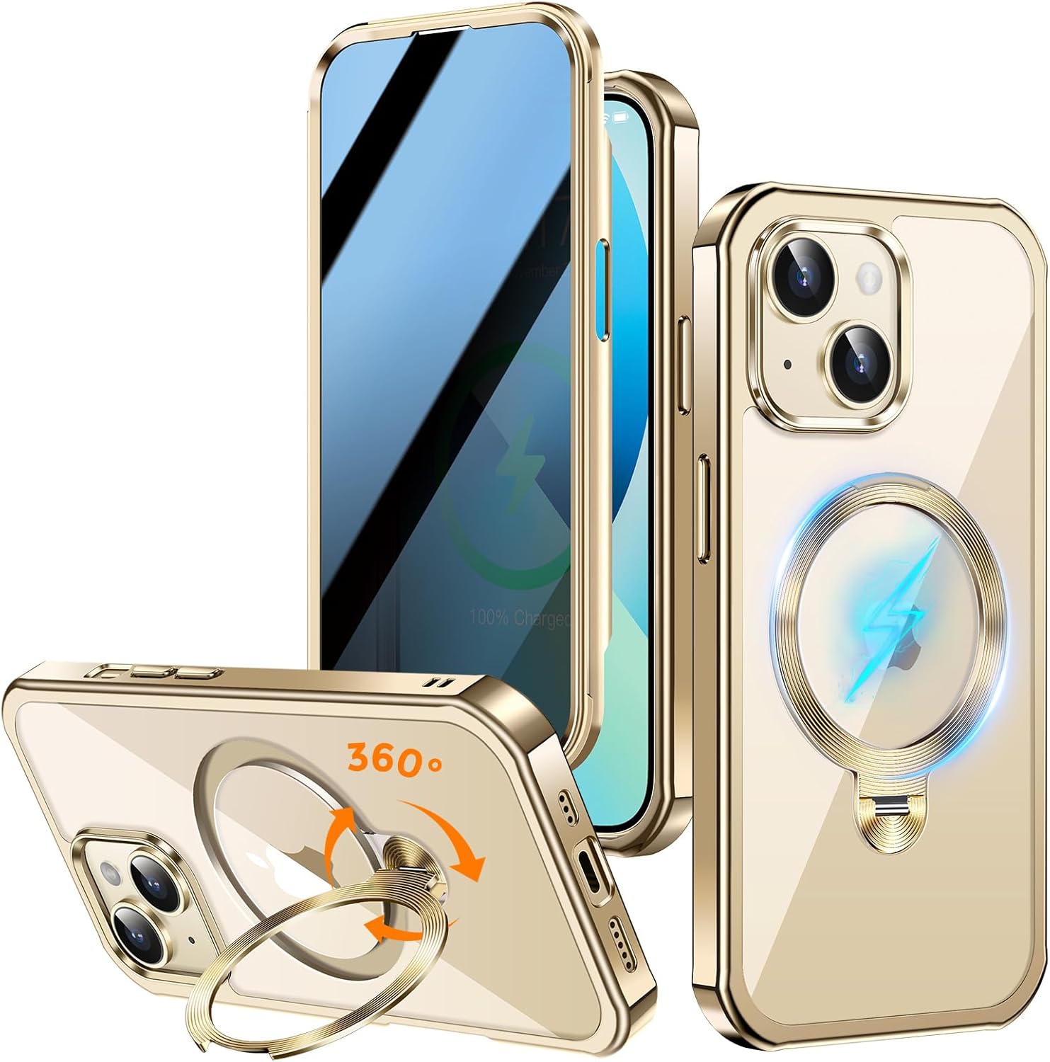 [360° Rotatable CD Stand & Built-in Privacy Screen Magnetic Case for iPhone 13 [Compatible with MagSafe & Full Signal] Mil-Grade Shockproof Full Body Anti-Spy Cover for 13-Gold