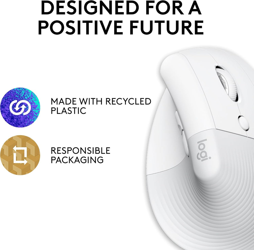 Logitech Lift for Mac Wireless Vertical Ergonomic Mouse, Bluetooth, Quiet Clicks, Silent Smartwheel, 4 Customizable Buttons, for macOS/iPadOS/MacBook Pro/Macbook Air/iMac/iPad - Off White