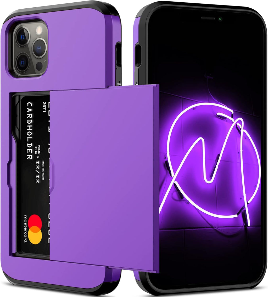 Nvollnoe for iPhone 12/iPhone 12 Pro Case with Card Holder Heavy Duty Protective Dual Layer Shockproof Hidden Card Slot Slim Wallet Case for iPhone 12/12 Pro for Men&Women(Purple)