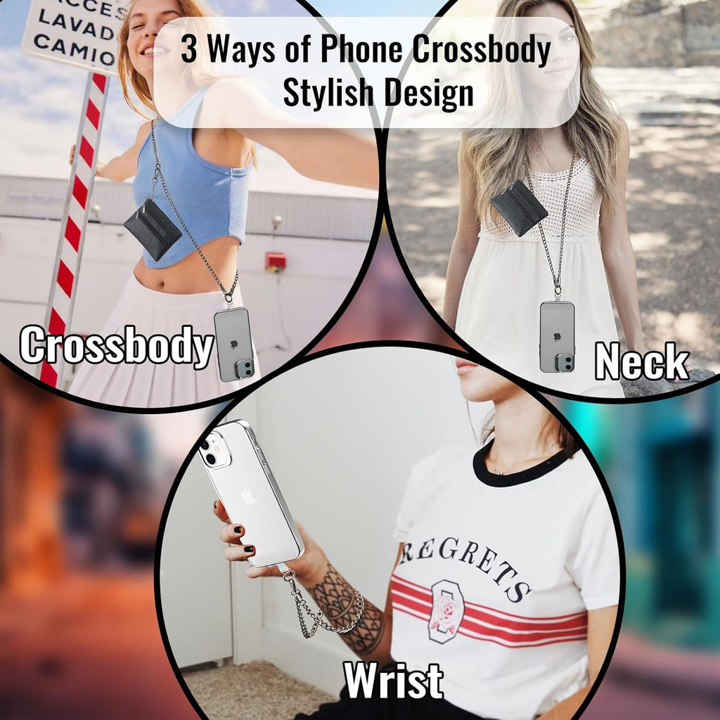 Clip and Go Strap for Phone Gun Metal Chain with Black Pouch Wallet Crossbody Phone Lanyard for Women with Cell Phone Stand Holder 2 Patches Tether Adjustable Anti Theft for iPhone 16 15 14 All Phones