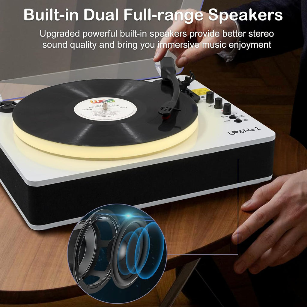 LP&No.1 Record Player with Built-in Stereo Speakers, LED Control, 3-Speed Belt-Drive Vinyl Turntable with USB Playback & Recording, Wireless BT Input & Output, Auto Stop, Pitch Control | White Pearl