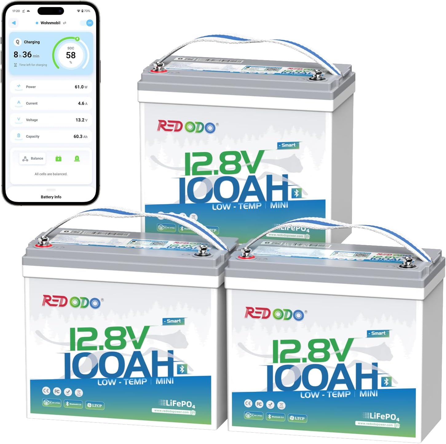 Redodo 12V 100Ah Smart Mini Bluetooth LiFePO4 Battery, Smallest Lithium Battery，Max 1280Wh, 10-Year Lifespan with Up to 15000 Deep Cycles, Upgraded 100A BMS for RV, Marine, Solar, Camping - 3 Pack