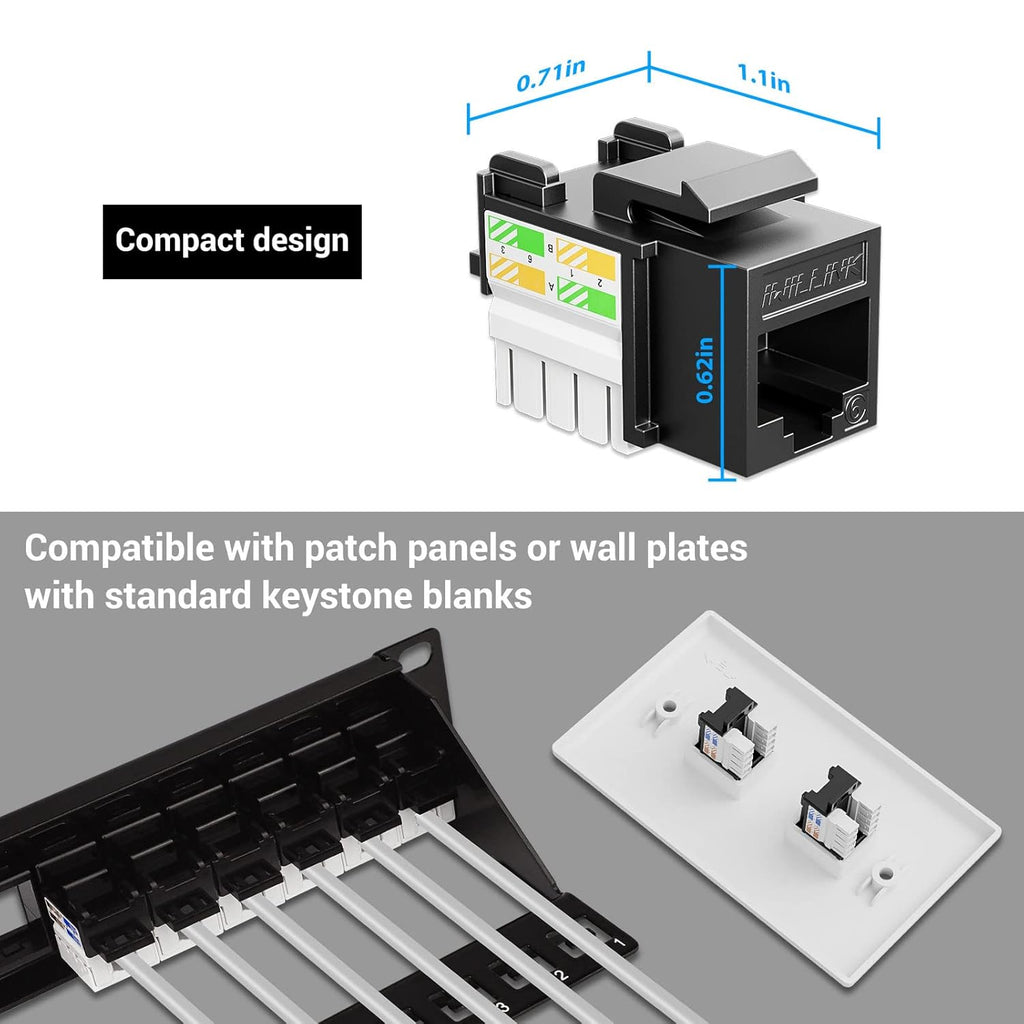 Iwillink 10Gbps Cat6 Keystone Jack RJ45 Modular Ethernet Jack Insert, Punch Down Adapter 25-Pack with Stand, Black