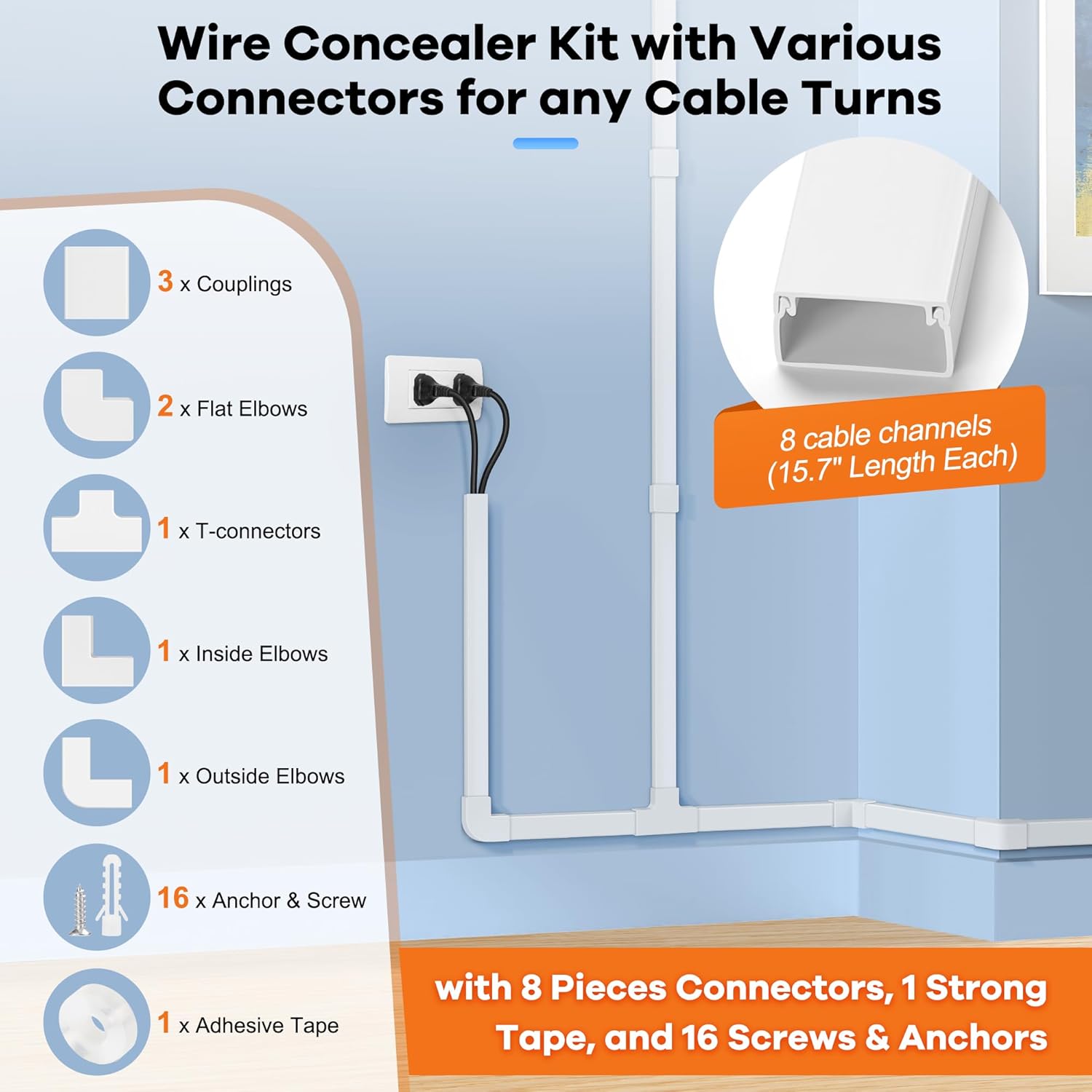 126in Cord Hider Kit, ZhiYo Wire Hiders for TV on Wall, Paintable Cable Management Kit, Wire Cover for Wall Mount TV, White Cable Raceway, Cord Cover Wall Wire Management Kit, 8xL15.7in W1.18inH0.67in