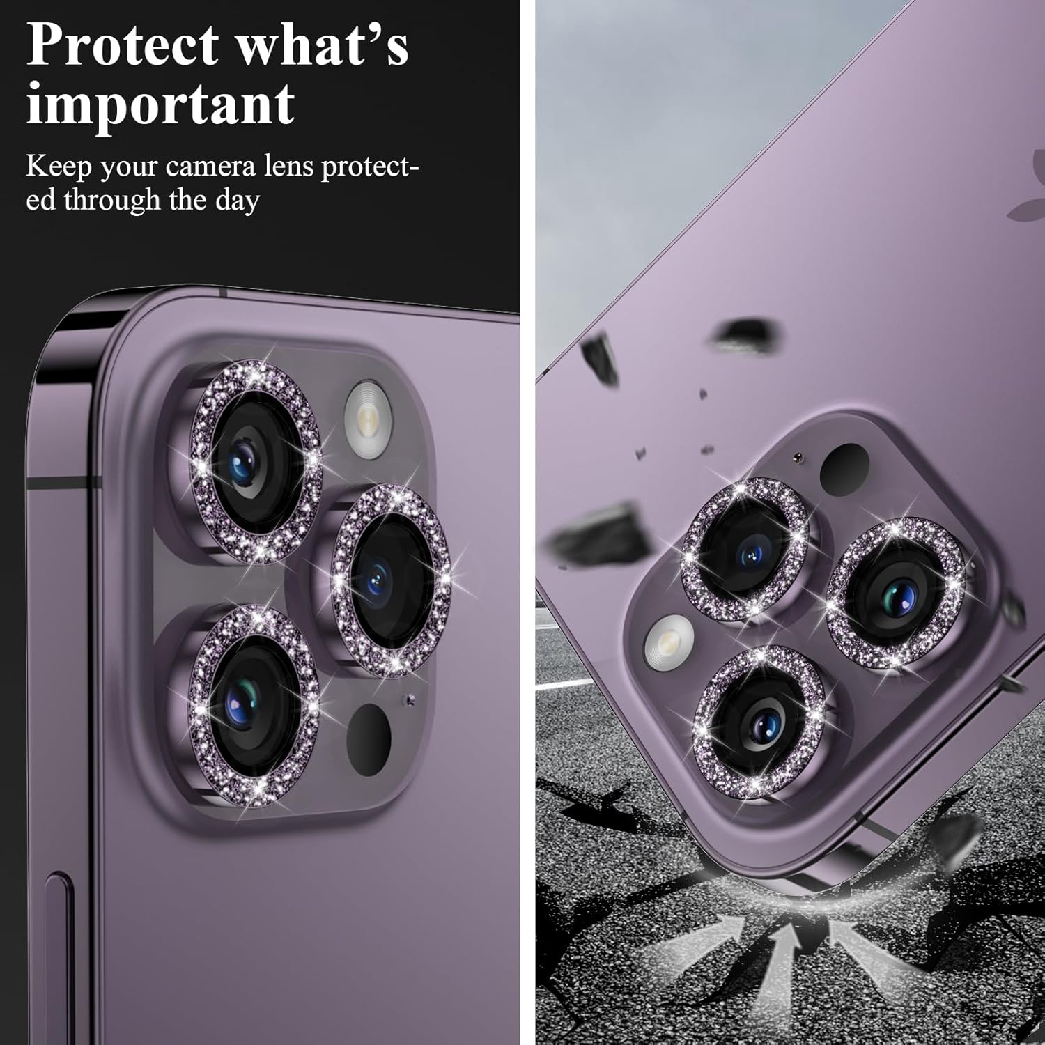YWXTW Designed for iPhone 14 Pro/iPhone 14 Pro Max Camera Lens Protector Bling, [New Glitter Design] Individual Metal Tempered Glass Camera Cover Accessories Case Friendly, 1 Set (Purple Glitter)