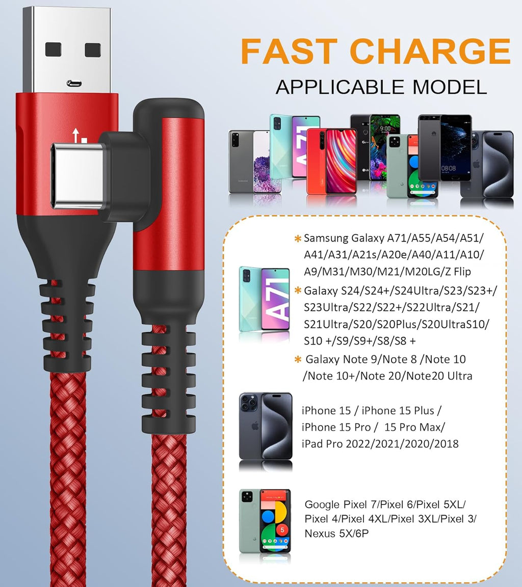 sweguard USB C Cable Right Angle [3Pack, 10FT+6.6FT+3.3FT], USB Type C iPhone 16 Charger Cable Nylon Braided Cord for iPhone 15 16 Pro Max Plus, Samsung Galaxy S25 S24 S23 S22 S21 S10 Note 20 10, Moto