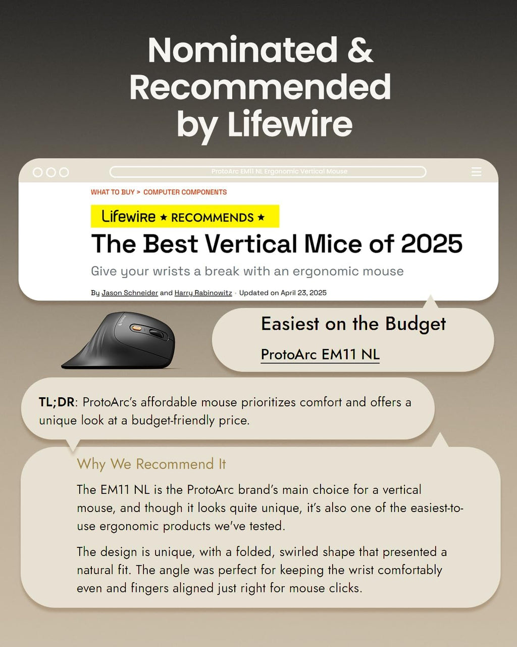 ProtoArc Ergonomic Mouse, EM11 NL Bluetooth Rechargeable Wireless Vertical Mouse, 3 Multi-Device Connectivity for Computer/PC/Laptop, 2.4GHz Optical Mice for Windows, Mac OS, Black
