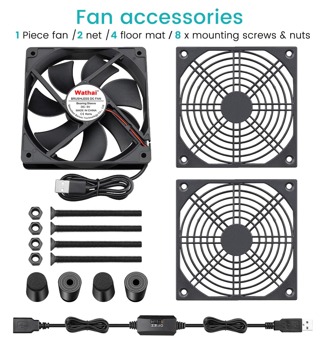 Wathai Cooling Case Fan for Receiver DVR Xbox TV Box Router 120mm x 25mm 5V USB Power