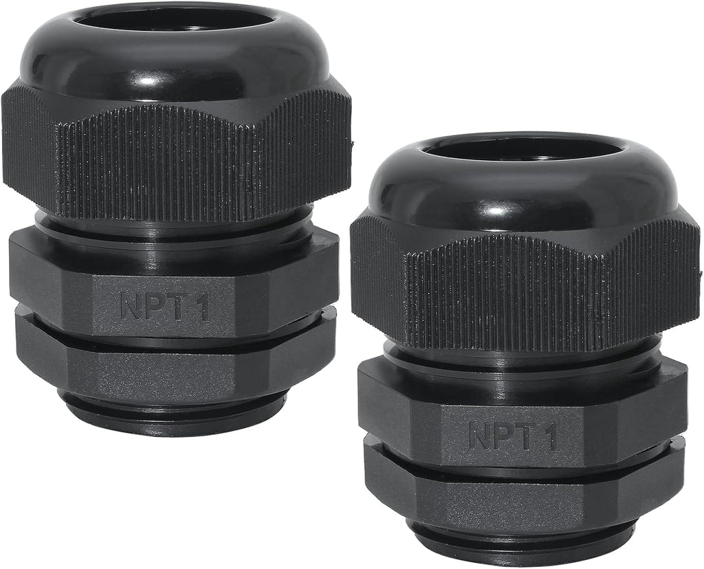 1" NPT Nylon Cable Glands, IP68 Waterproof Adjustable Cord Grip Cable Connector Strain Relief Wire Protectors for 18-25mm Cable Diameter, 2 Pcs, Black