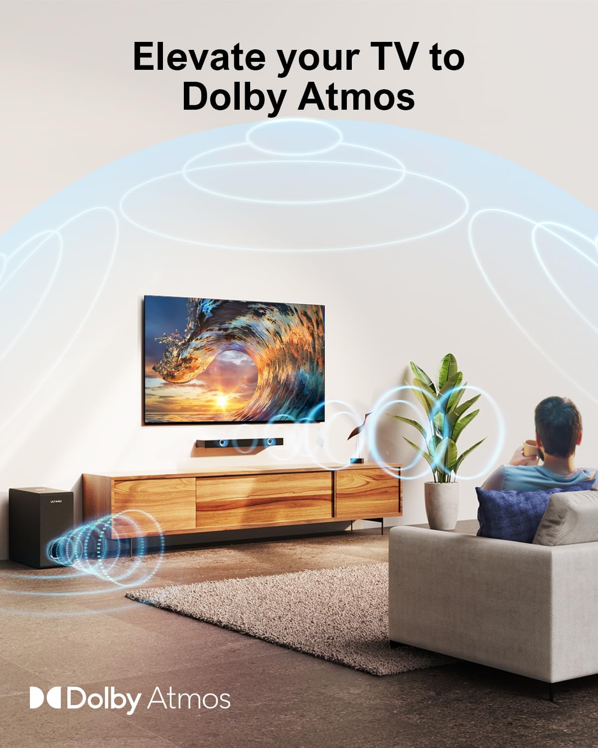ULTIMEA Sound Bars for Smart TV with Dolby Atmos, 3D Surround Sound System for TV Speakers, 2.1 Soundbar for TV with Subwoofer, Bass Boost, Peak Power 190W, HDMI eARC, Nova S50, 2024 Upgrade