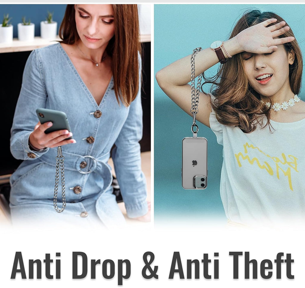 Clip and Go Strap for Phone Gun Metal Chain with Black Pouch Wallet Crossbody Phone Lanyard for Women with Cell Phone Stand Holder 2 Patches Tether Adjustable Anti Theft for iPhone 16 15 14 All Phones
