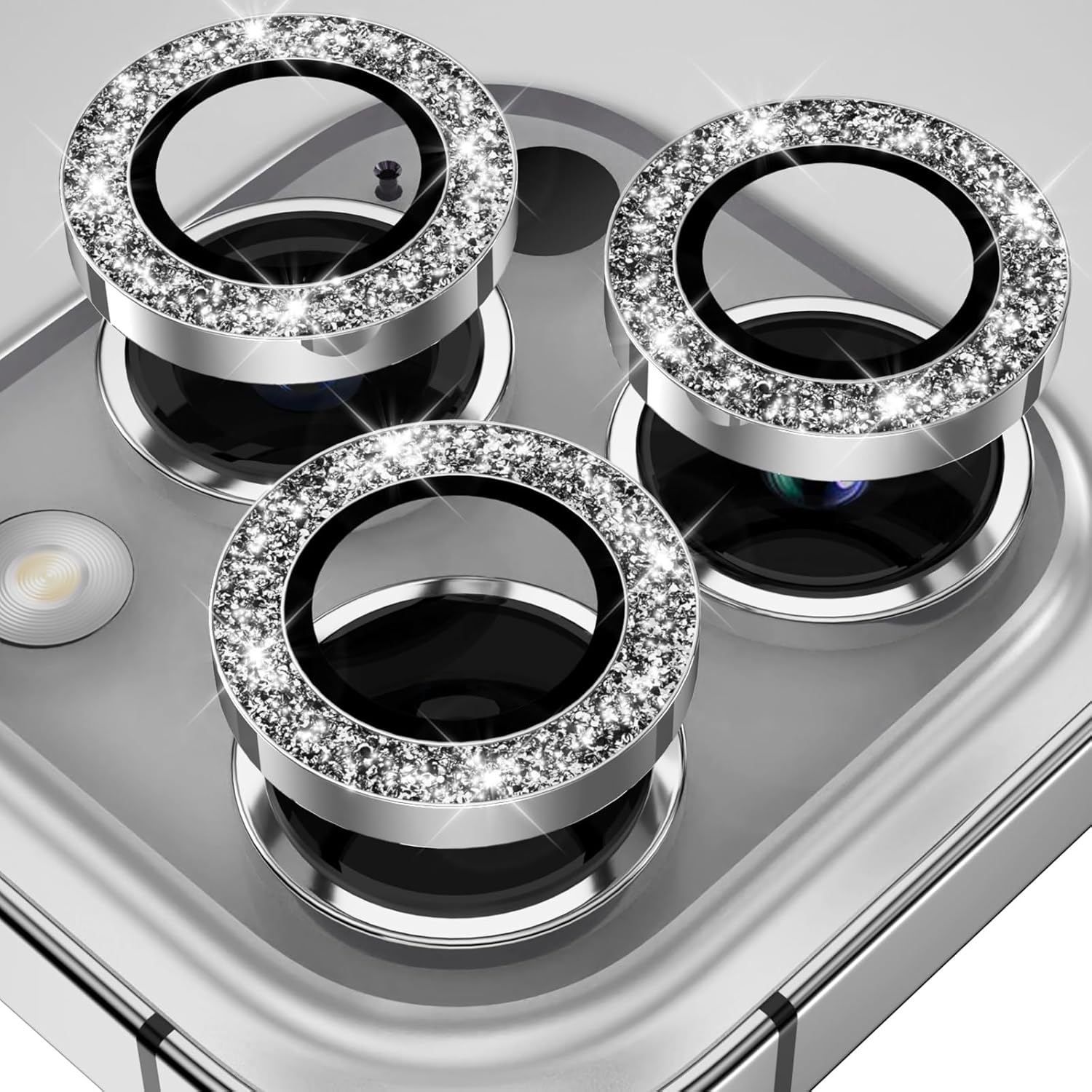 YWXTW Designed for iPhone 14 Pro/iPhone 14 Pro Max Camera Lens Protector Bling, [New Glitter Design] Individual Metal Tempered Glass Camera Cover Accessories Case Friendly, 1 Set (Silver Glitter)