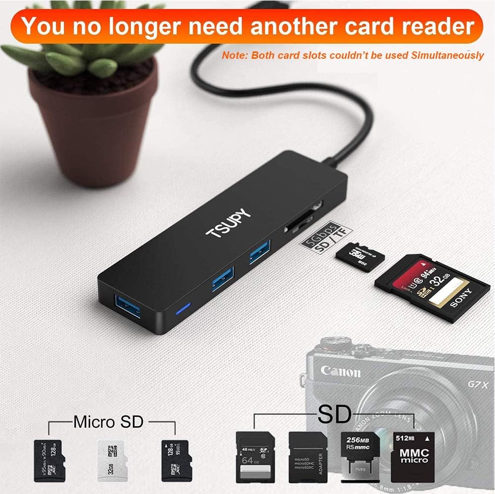 USB Hub 3.0, TSUPY 5 in 1 Multiport Adapter USB 3.0 Hub with SD Micro SD Card Reader, 3 USB 3.0 Ports Compatible for Laptop, MacBook, PC, Printer,Surface Pro, USB Flash Drives