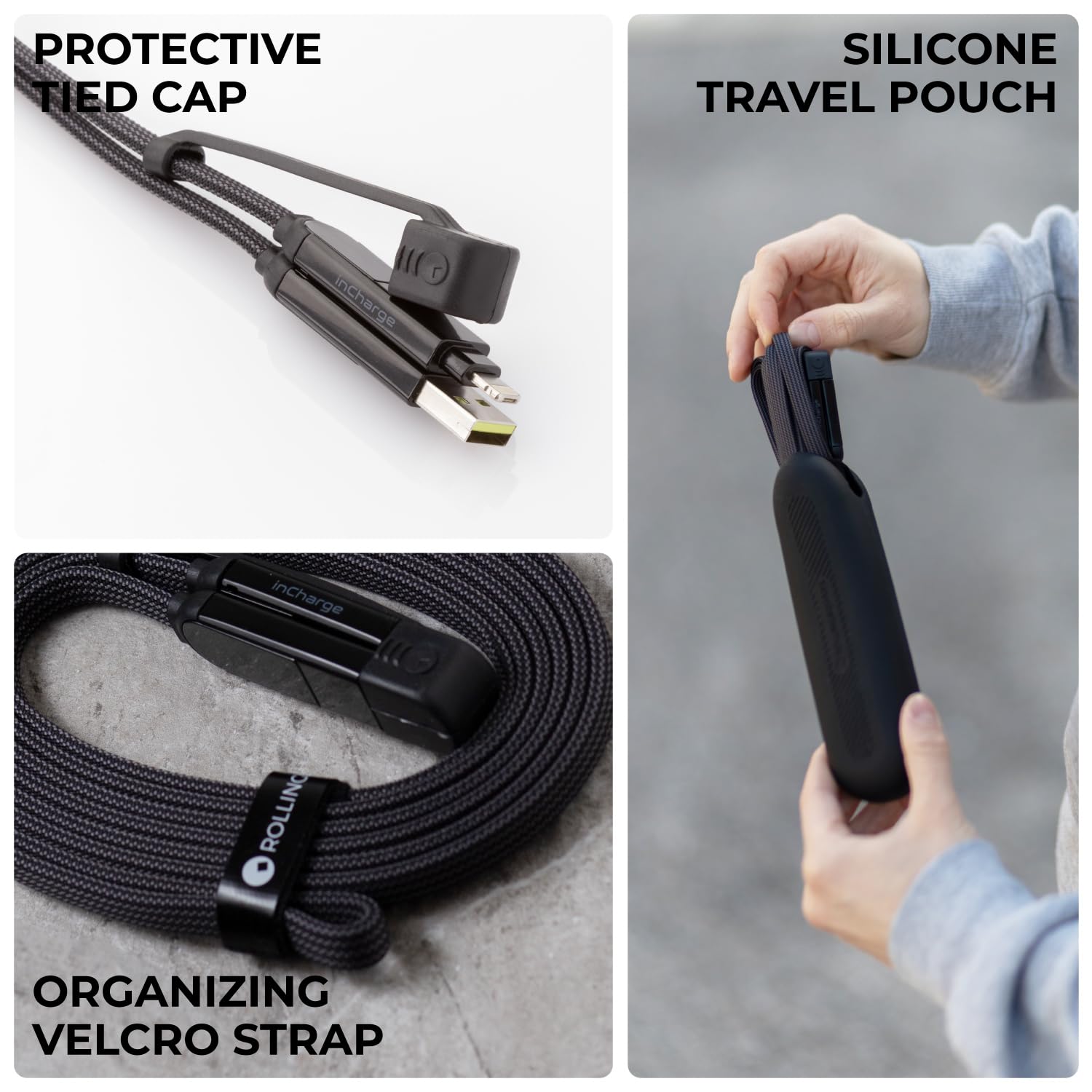 Rolling Square, inCharge XL, 6-in-1 Multi Charging Cable, 100W Ultra-Fast Charging Power, 10 Ft/3m, Urban Black