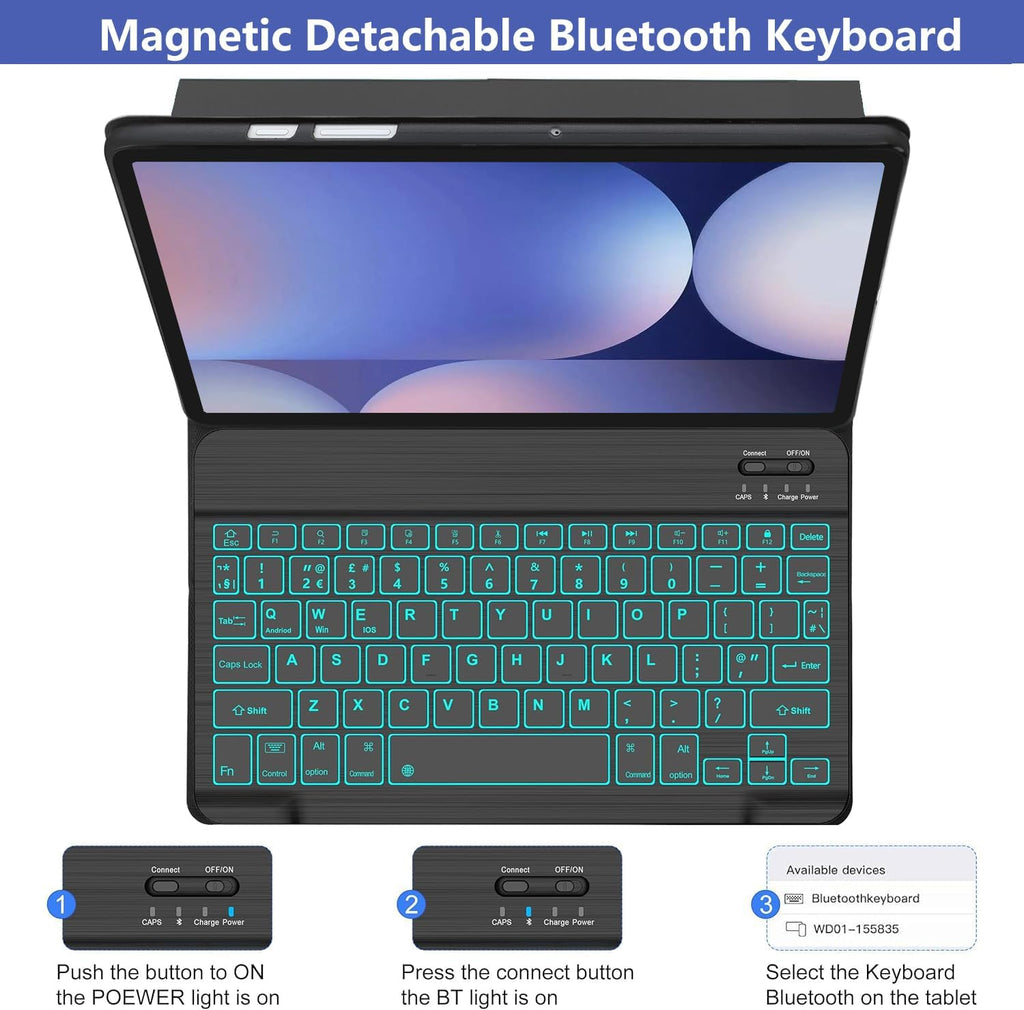 Galaxy Tab S9 FE+/ S9+ /S10+ 12.4 Inch Case with Keyboard, 7-Color Backlit Keyboard with S Pen Holder for Samsung Tab S10 Plus/S9FE Plus 5G 12.4" Black