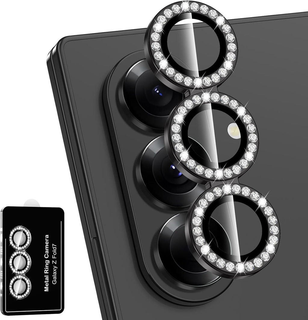 for Samsung Galaxy Z Fold 7 Camera Lens Protector, Individual Metal Ring Tempered Glass Lens Cover, [Strong Adsorption] Scratch Resistant Ultra-Thin HD Clear Lens Cover, 1 Set-Black Diamond