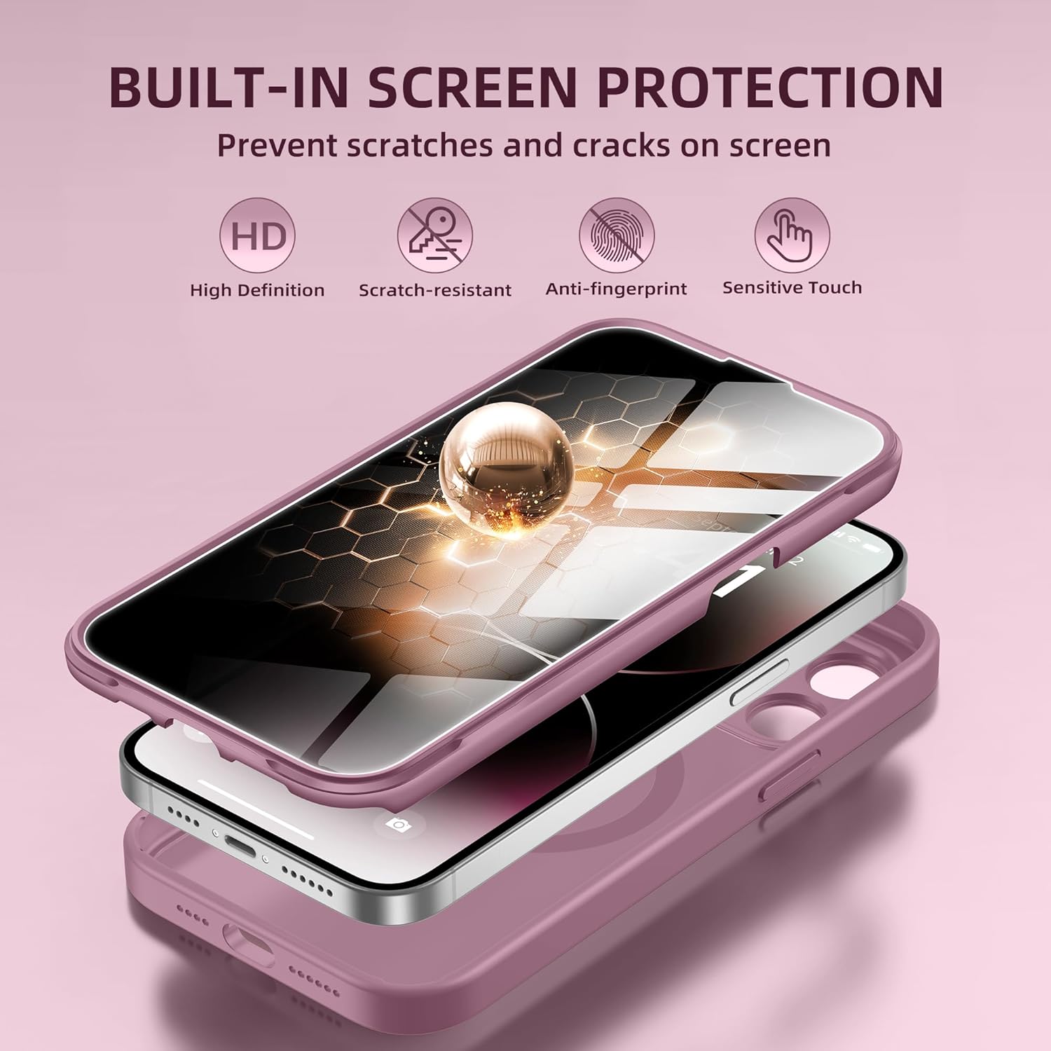 BERFY Magnetic for iPhone 14 Pro Max Case,Compatible with MagSafe,Built-in Privacy Screen Protector and Upgraded Camera Protection,Anti-Spy Full Body Shockproof Phone Case for 14 Pro Max,Palevioletred