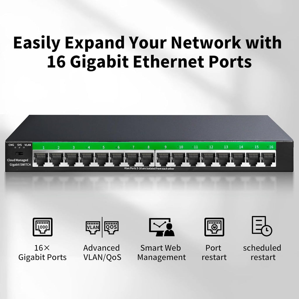 STEAMEMO 16-Port Gigabit Ethernet Switch | Smart Managed with VLAN & QoS | Plug & Play Desktop/Wall Mount Network Switch | Metal Enterprise Switch(Includes Power Adapter)
