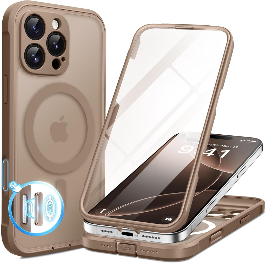 BERFY Magnetic for iPhone 16 Pro Max Case, Compatible with MagSafe, [Built-in 9H Tempered Glass Screen Protector & Camera Protection] Full Body Matte Phone case for 16 Pro Max, Withered Brown