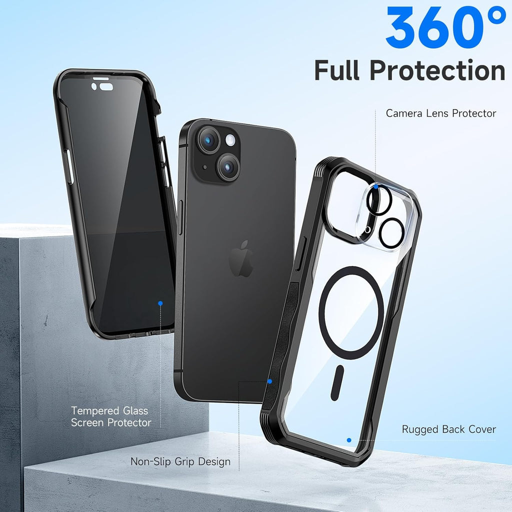 seacosmo for iPhone 15 Plus Case, Full Body Bumper with Built-in 9H Tempered Glass Privacy Screen Protector and Camera Lens Protector, Compatible with MagSafe, Shockproof Phone Cover, 6.7", Black