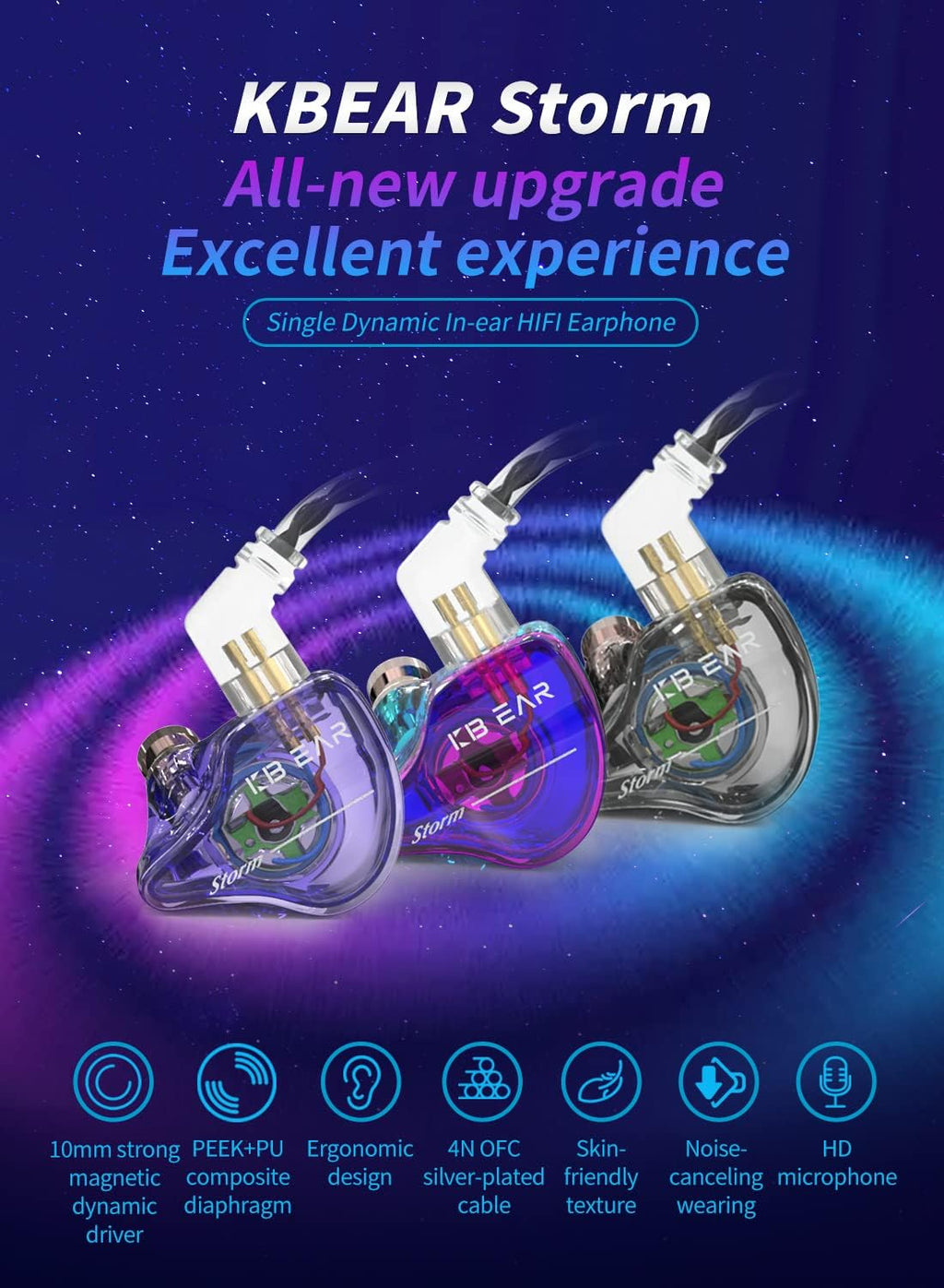 YINYOO KBEAR Storm Professional in Ear Headphones Monitor Earphones for Singers Drummers Musicians Bassists, Custom Wired Earbuds IEM, Hi Res Detachable OFC Silver-Plated Cable Auriculares